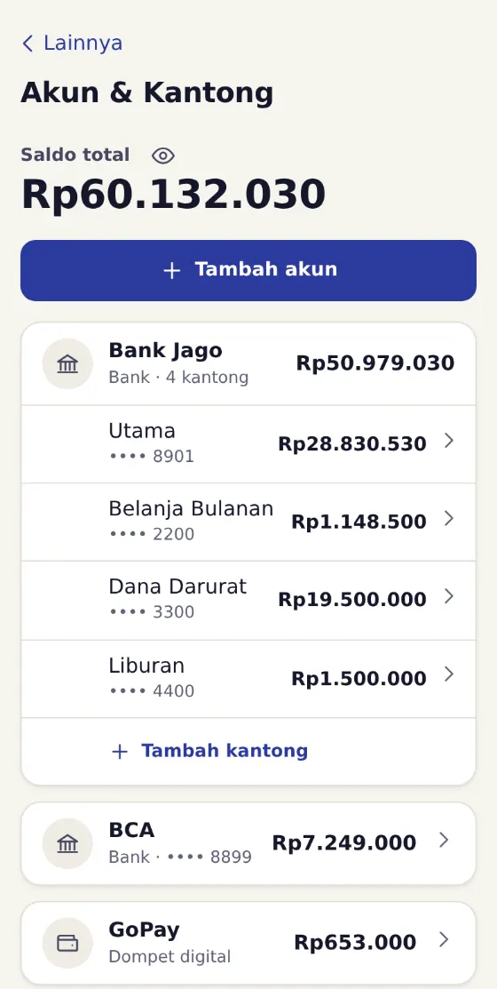 The Accounts and pockets screen: one bank account with four pockets, plus another bank account and an e-wallet.