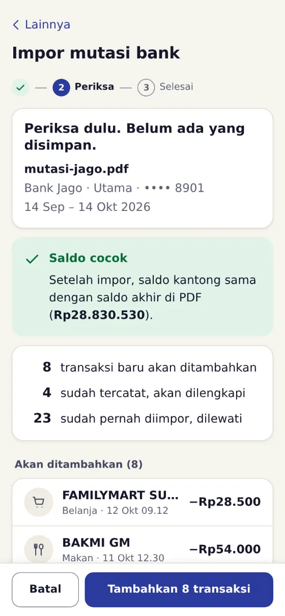 The Import bank statement screen: a summary of the Bank Jago PDF, a balance check, and eight new transactions to be added.