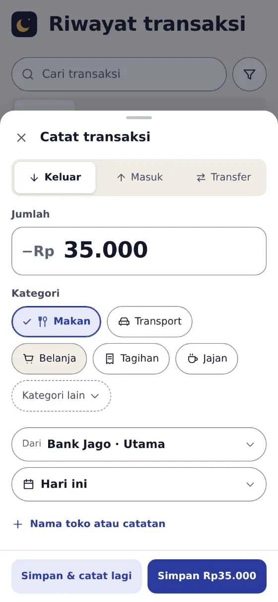 Layar Catat transaksi di Mony: jumlah Rp35.000, kategori Makan terpilih, dan tombol Simpan.